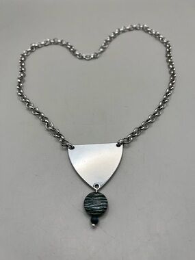Silver Triangle Pendant Necklace with Green Zebrastone Accent Bead Chic
